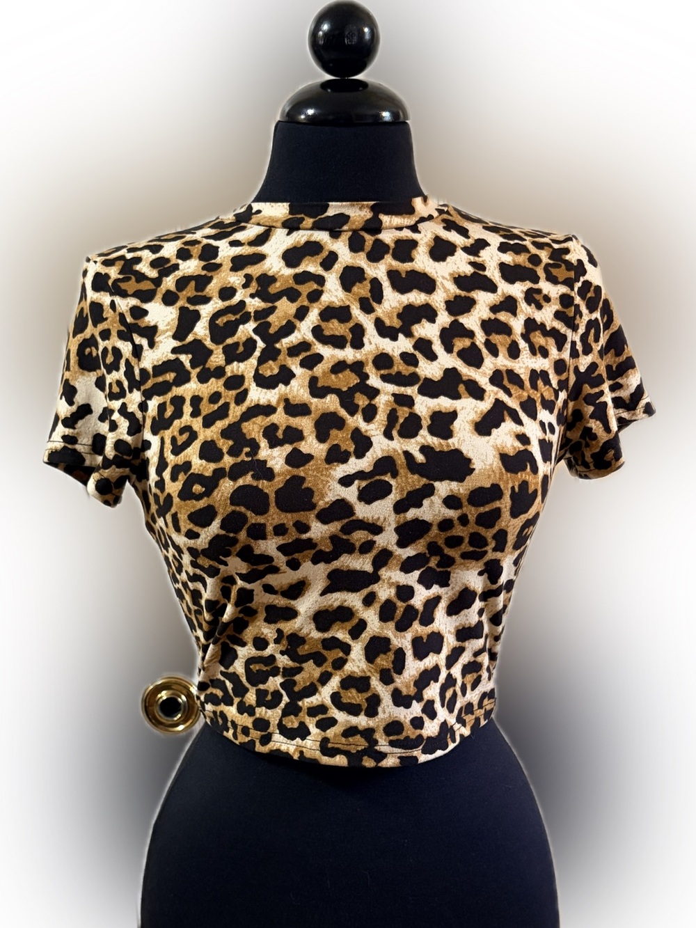 Source Unknown Leopard-Print Short Sleeve Crop Top - Brown & Black